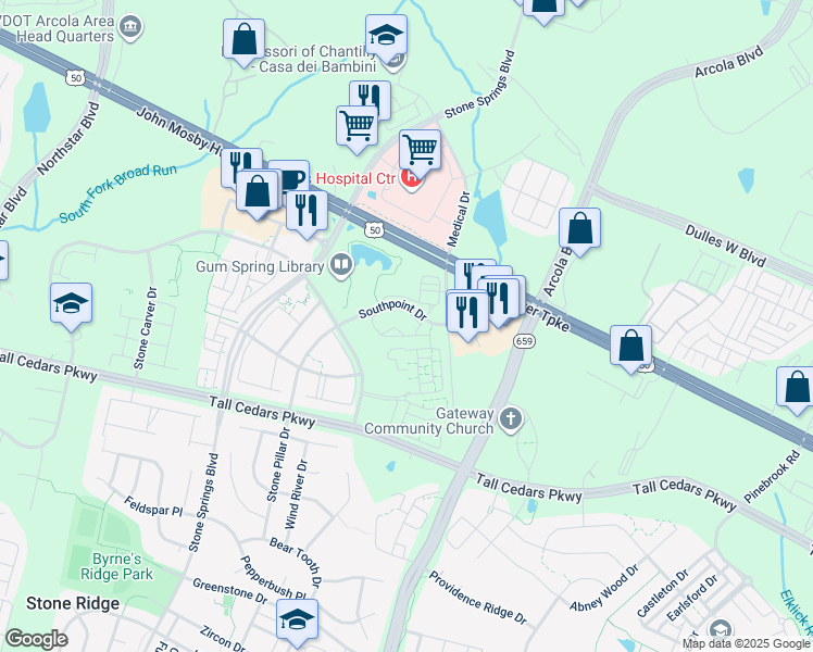 map of restaurants, bars, coffee shops, grocery stores, and more near 42277 Canary Grass Square in Aldie