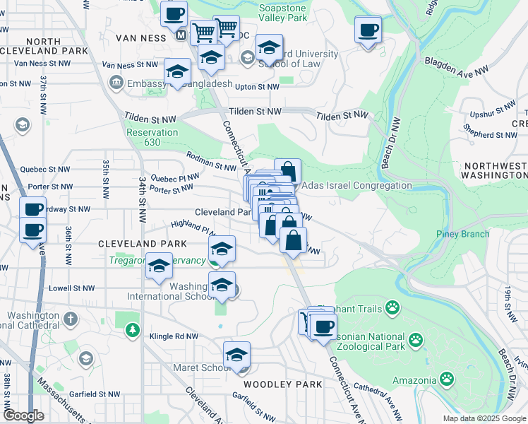 map of restaurants, bars, coffee shops, grocery stores, and more near 3599 Connecticut Avenue Northwest in Washington