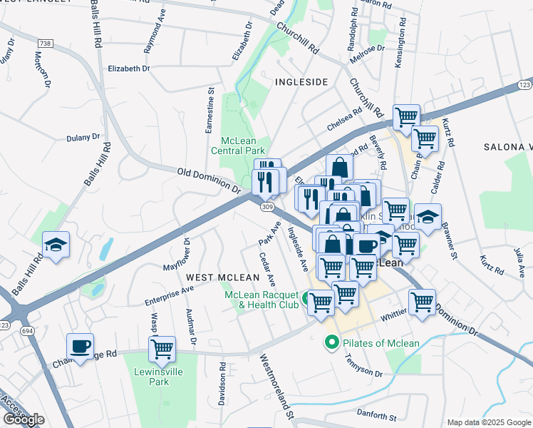 map of restaurants, bars, coffee shops, grocery stores, and more near 6919 Old Dominion Drive in McLean