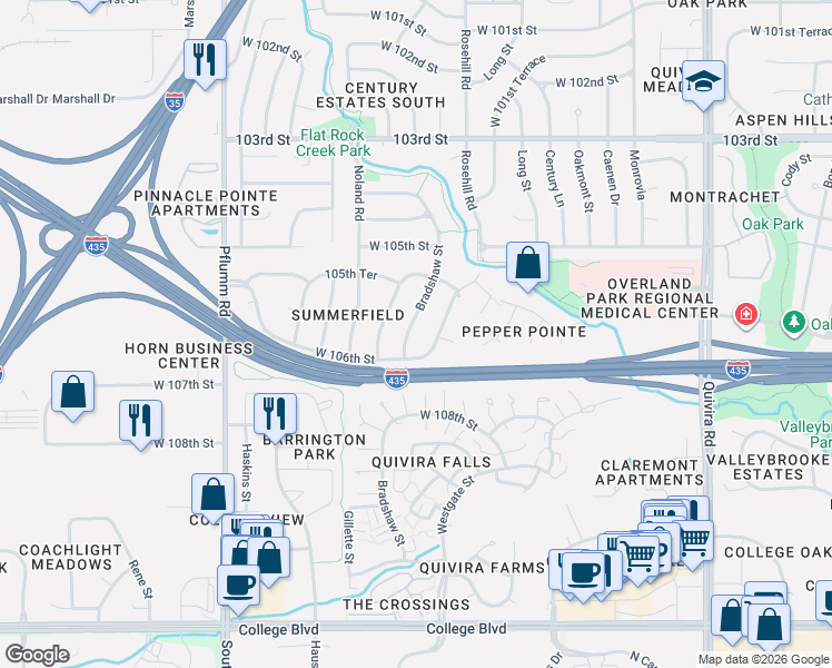 map of restaurants, bars, coffee shops, grocery stores, and more near 10596 Bradshaw Street in Overland Park