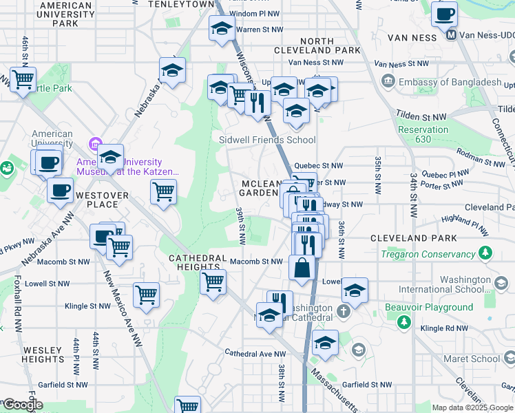 map of restaurants, bars, coffee shops, grocery stores, and more near 3861 Newark Street Northwest in Washington