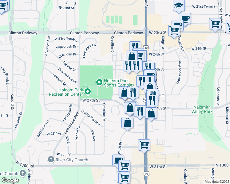 map of restaurants, bars, coffee shops, grocery stores, and more near 2312 West 26th Street in Lawrence