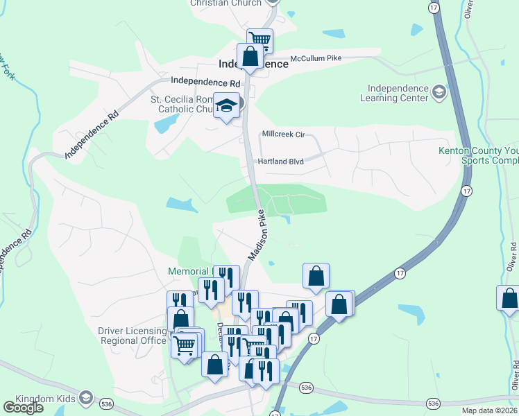map of restaurants, bars, coffee shops, grocery stores, and more near Madison Pike in Independence