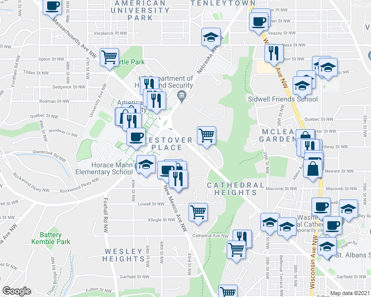 map of restaurants, bars, coffee shops, grocery stores, and more near 4286 Massachusetts Avenue Northwest in Washington