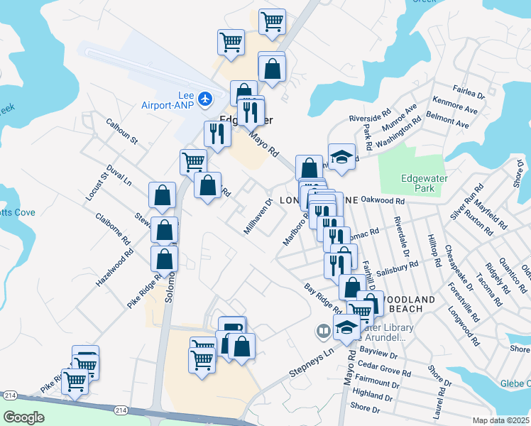 map of restaurants, bars, coffee shops, grocery stores, and more near 2121 Millhaven Drive in Edgewater