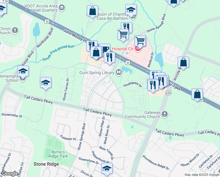 map of restaurants, bars, coffee shops, grocery stores, and more near 24624 Nettle Mill Square in Stone Ridge