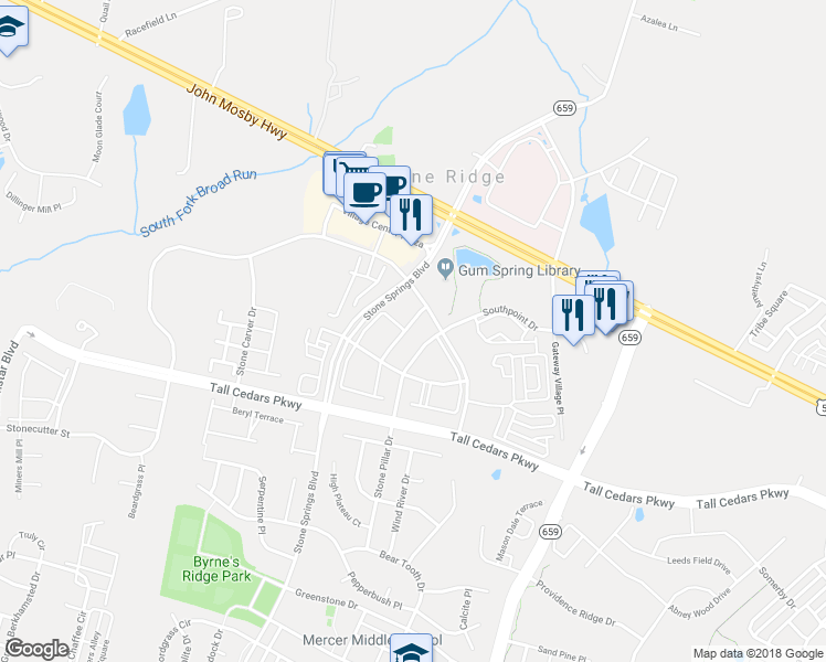 map of restaurants, bars, coffee shops, grocery stores, and more near 24624 Nettle Mill Square in Stone Ridge