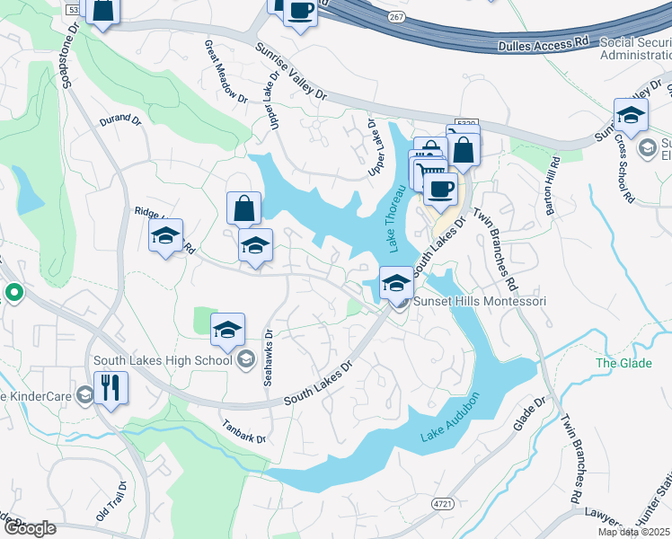map of restaurants, bars, coffee shops, grocery stores, and more near 2034 Lakebreeze Way in Reston