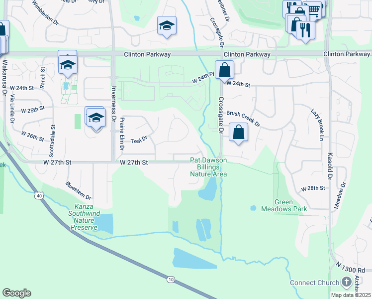 map of restaurants, bars, coffee shops, grocery stores, and more near 1130-1136 West 27th Street in Lawrence
