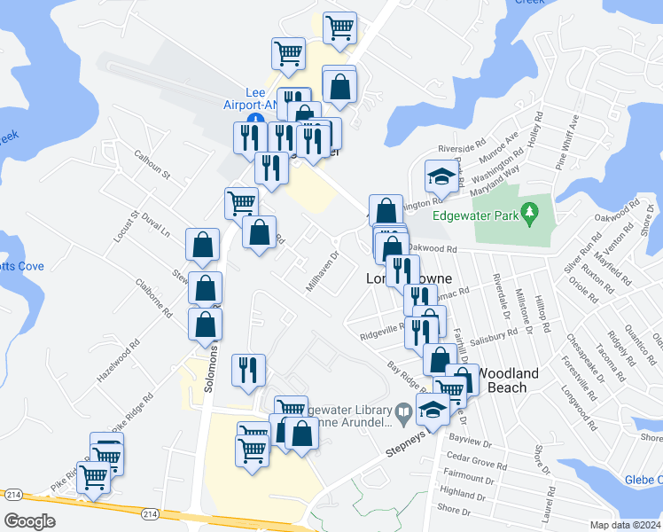 map of restaurants, bars, coffee shops, grocery stores, and more near 2121 Millhaven Drive in Edgewater