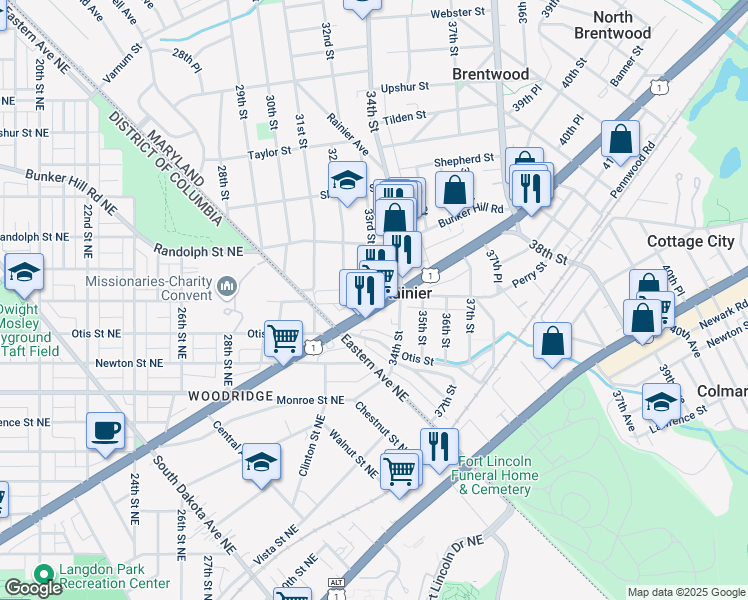 map of restaurants, bars, coffee shops, grocery stores, and more near 3300 Rhode Island Avenue in Mount Rainier