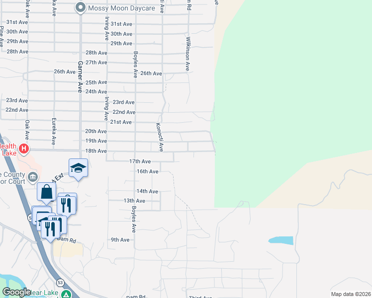 map of restaurants, bars, coffee shops, grocery stores, and more near 16374 18th Avenue in Clearlake