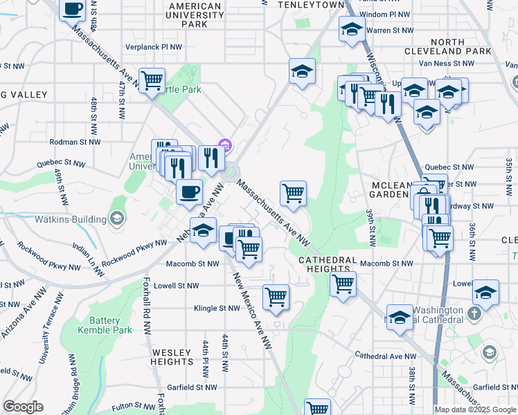 map of restaurants, bars, coffee shops, grocery stores, and more near 4286 Massachusetts Avenue Northwest in Washington