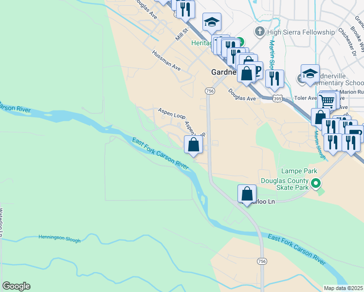 map of restaurants, bars, coffee shops, grocery stores, and more near 1350 Centerville Lane in Gardnerville