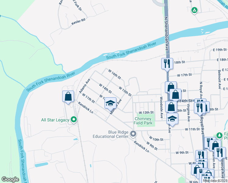 map of restaurants, bars, coffee shops, grocery stores, and more near 729 West 14th Street in Front Royal