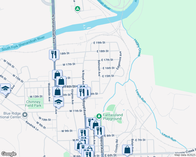 map of restaurants, bars, coffee shops, grocery stores, and more near 1410 Belmont Avenue in Front Royal