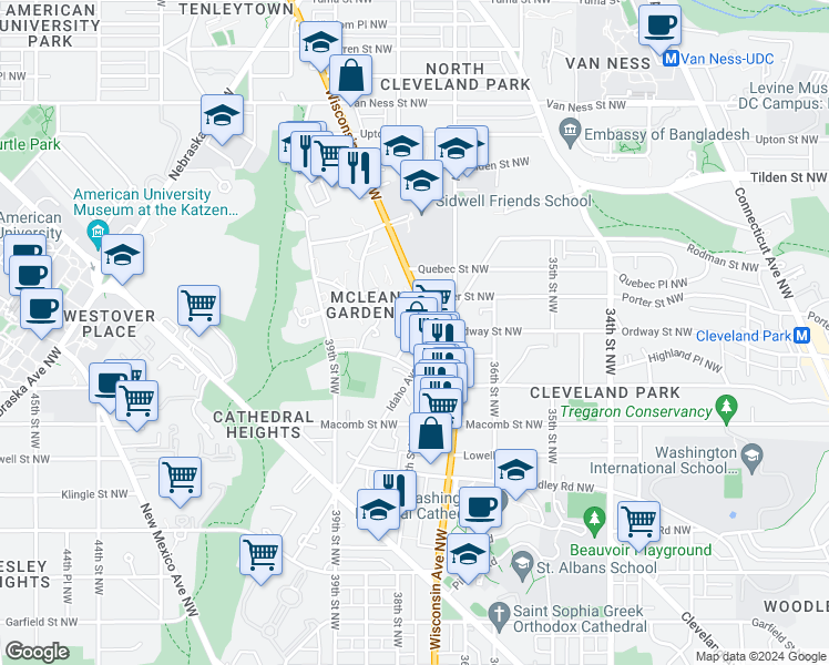 map of restaurants, bars, coffee shops, grocery stores, and more near 3401 38th Street Northwest in Washington