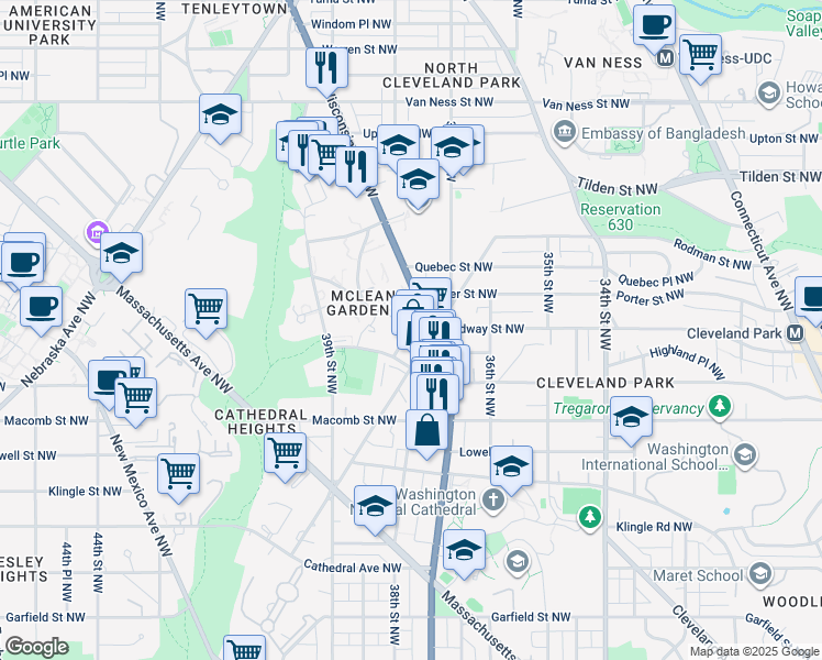 map of restaurants, bars, coffee shops, grocery stores, and more near 3401 38th Street Northwest in Washington