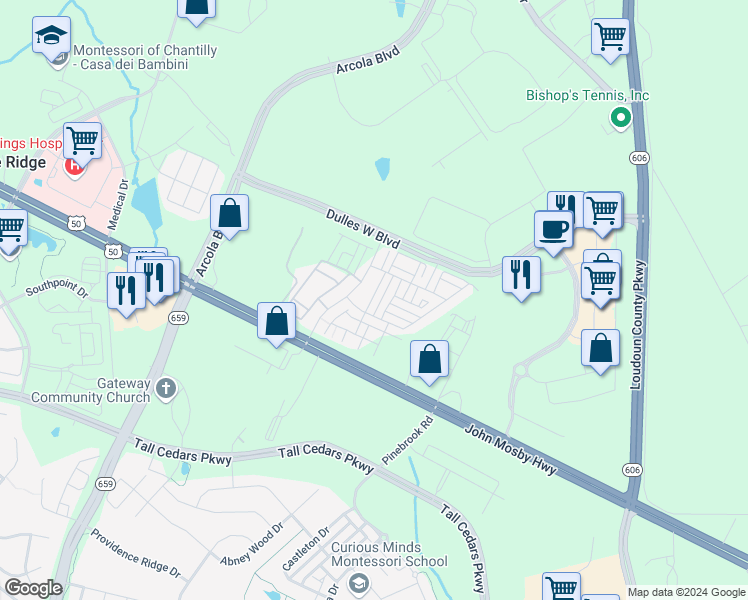 map of restaurants, bars, coffee shops, grocery stores, and more near 24651 Red Lake Terrace in Sterling