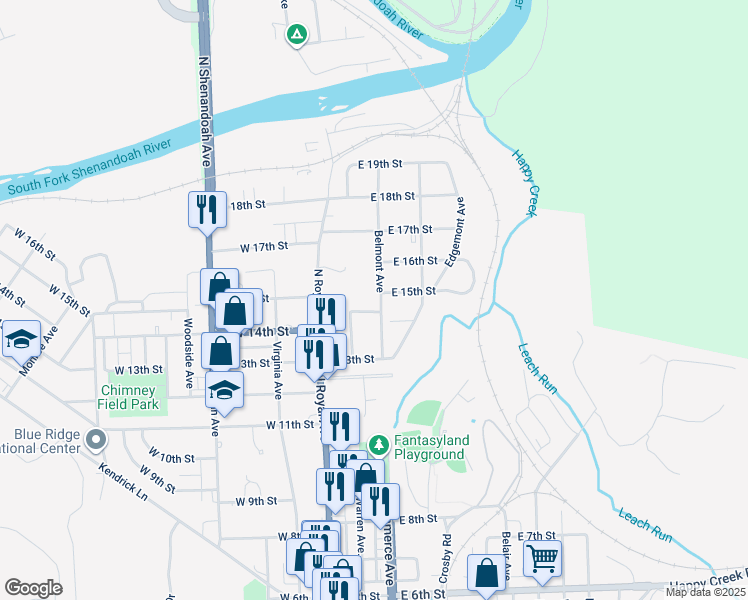 map of restaurants, bars, coffee shops, grocery stores, and more near 1410 Belmont Avenue in Front Royal
