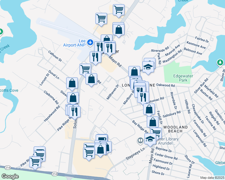 map of restaurants, bars, coffee shops, grocery stores, and more near 2124 Millhaven Drive in Edgewater