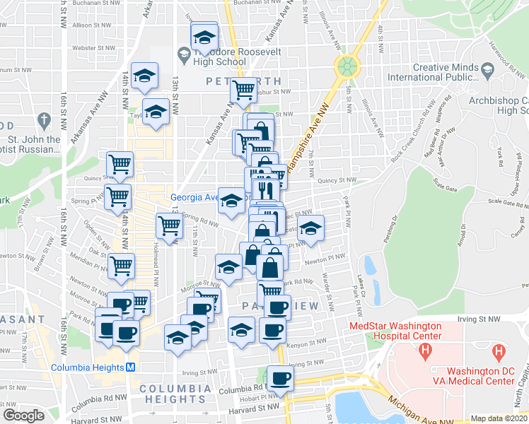 map of restaurants, bars, coffee shops, grocery stores, and more near Georgia Avenue Northwest & New Hampshire Avenue Northwest in Washington