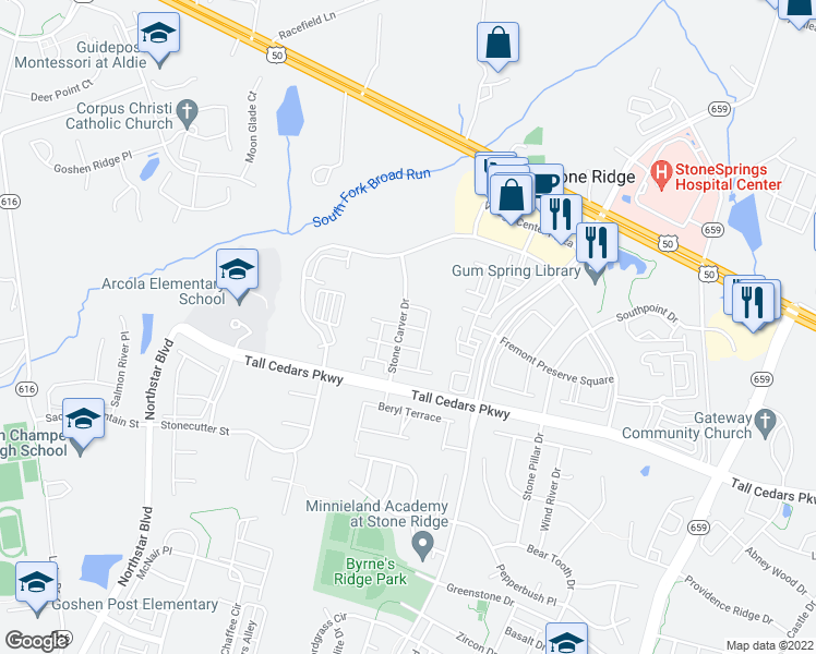 map of restaurants, bars, coffee shops, grocery stores, and more near Stoneyford Terrace in Aldie