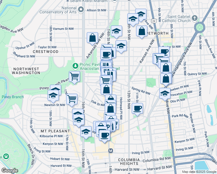map of restaurants, bars, coffee shops, grocery stores, and more near 14th Street Northwest & Perry Place Northwest in Washington