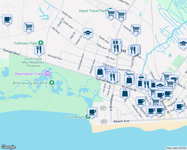 map of restaurants, bars, coffee shops, grocery stores, and more near 215 Second Avenue in Wildwood