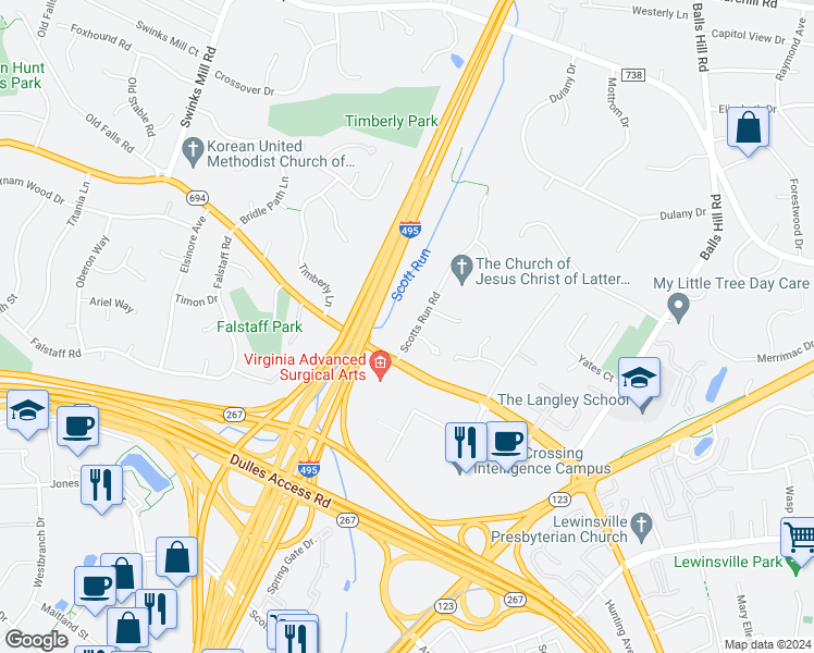 map of restaurants, bars, coffee shops, grocery stores, and more near 1310 Scotts Run Road in McLean