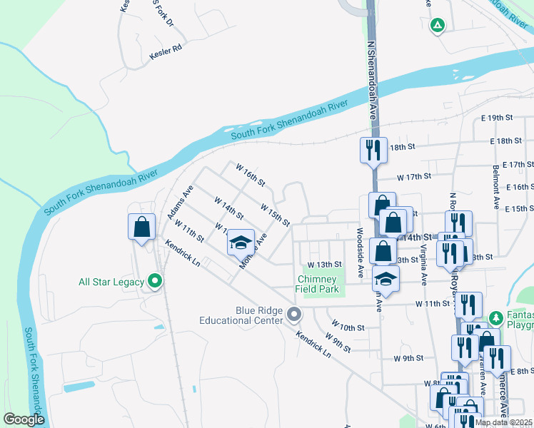 map of restaurants, bars, coffee shops, grocery stores, and more near 714 West 15th Street in Front Royal