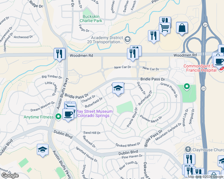 map of restaurants, bars, coffee shops, grocery stores, and more near 5084 Chaise Drive in Colorado Springs