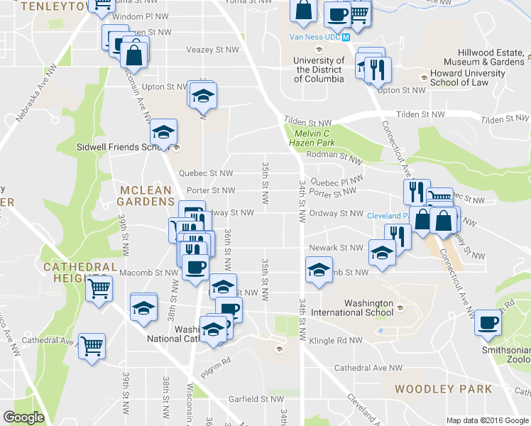 map of restaurants, bars, coffee shops, grocery stores, and more near Ordway St NW & 35th St NW in Washington