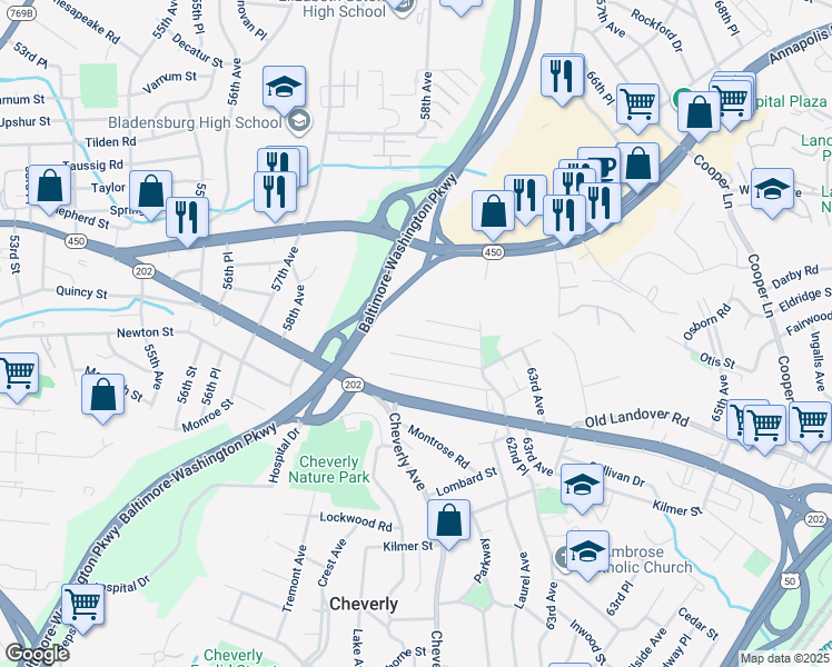 map of restaurants, bars, coffee shops, grocery stores, and more near 6112 Perry Street in Cheverly