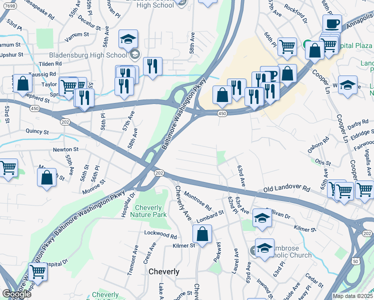 map of restaurants, bars, coffee shops, grocery stores, and more near 6112 Perry Street in Cheverly