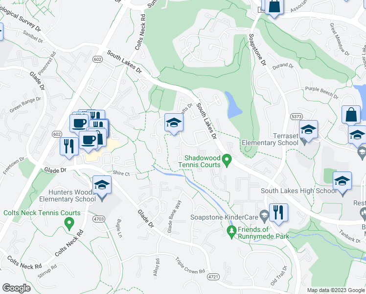 map of restaurants, bars, coffee shops, grocery stores, and more near 2221 Gunsmith Square in Reston