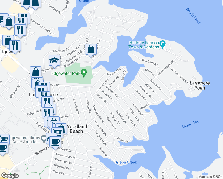 map of restaurants, bars, coffee shops, grocery stores, and more near 1525 Mayfield Road in Edgewater