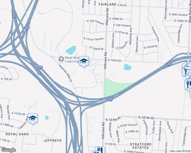 map of restaurants, bars, coffee shops, grocery stores, and more near 10324 Hillcrest Road in Kansas City
