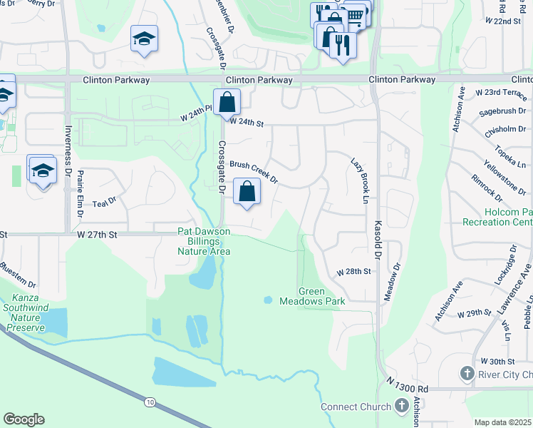 map of restaurants, bars, coffee shops, grocery stores, and more near 2517 Morningside Drive in Lawrence