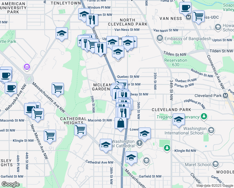 map of restaurants, bars, coffee shops, grocery stores, and more near 3401 38th Street Northwest in Washington