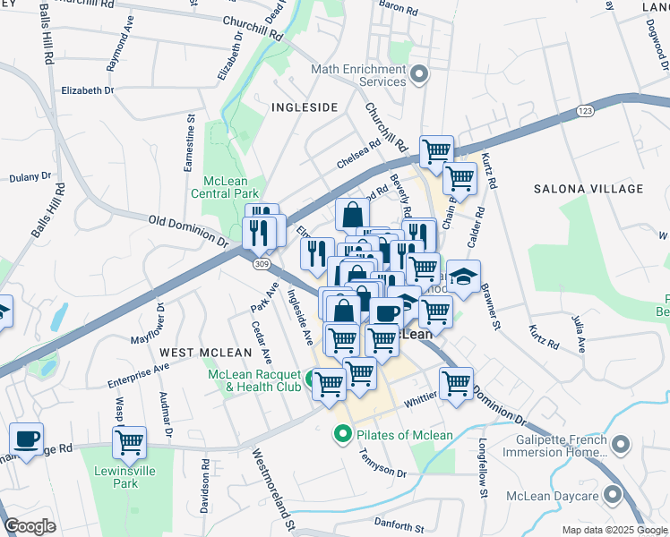 map of restaurants, bars, coffee shops, grocery stores, and more near 6845 Elm Street in McLean