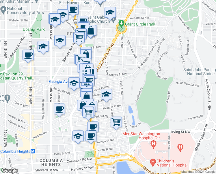 map of restaurants, bars, coffee shops, grocery stores, and more near Warder Street Northwest & Quebec Place Northwest in Washington