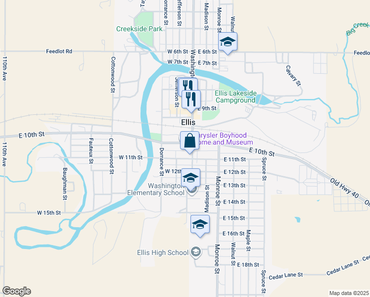 map of restaurants, bars, coffee shops, grocery stores, and more near 104 West 10th Street in Ellis