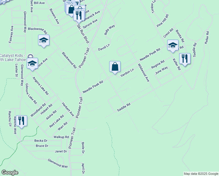 map of restaurants, bars, coffee shops, grocery stores, and more near 1389 Ski Run Boulevard in South Lake Tahoe
