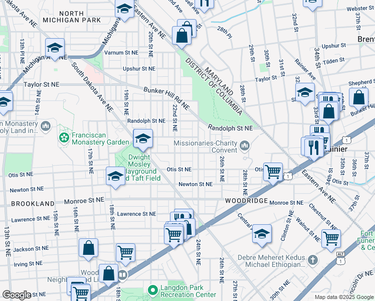 map of restaurants, bars, coffee shops, grocery stores, and more near 2220 Perry Street Northeast in Washington