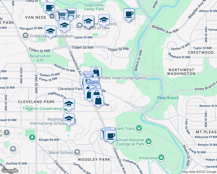 map of restaurants, bars, coffee shops, grocery stores, and more near 2800 Quebec Street Northwest in Washington
