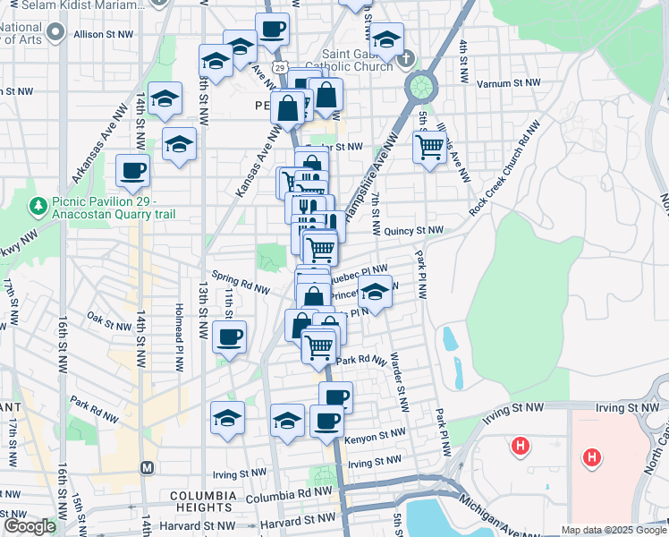 map of restaurants, bars, coffee shops, grocery stores, and more near 750 Rock Creek Church Road Northwest in Washington