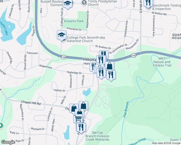 map of restaurants, bars, coffee shops, grocery stores, and more near 1646 Highridge Circle in Columbia
