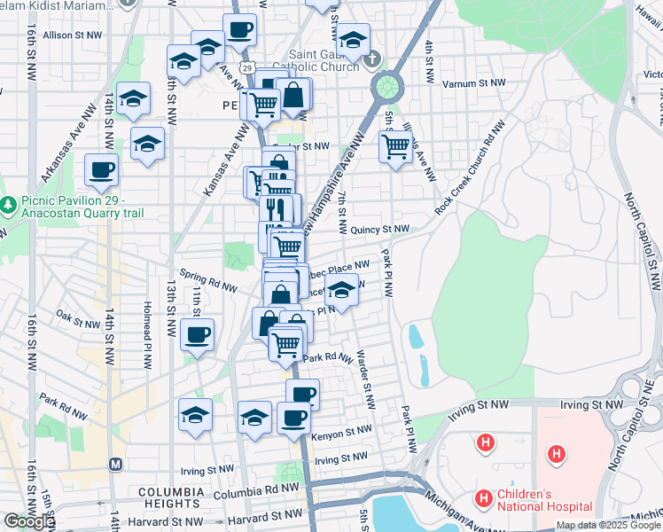 map of restaurants, bars, coffee shops, grocery stores, and more near 721 Quebec Place Northwest in Washington