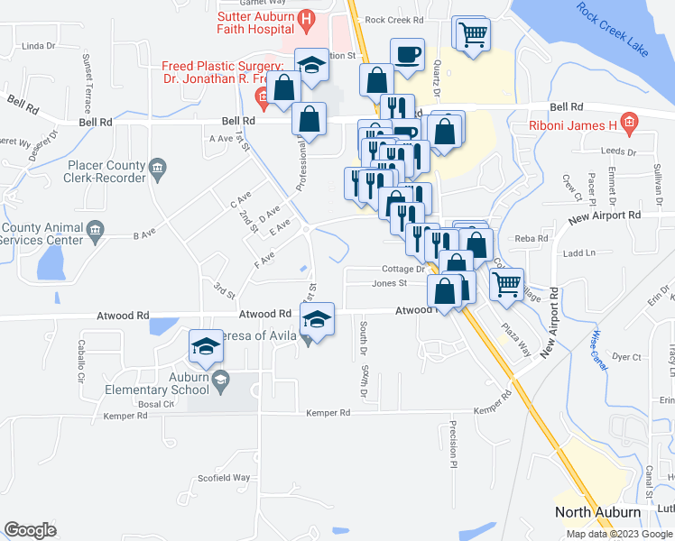 map of restaurants, bars, coffee shops, grocery stores, and more near 2411 Cottage Drive in Auburn